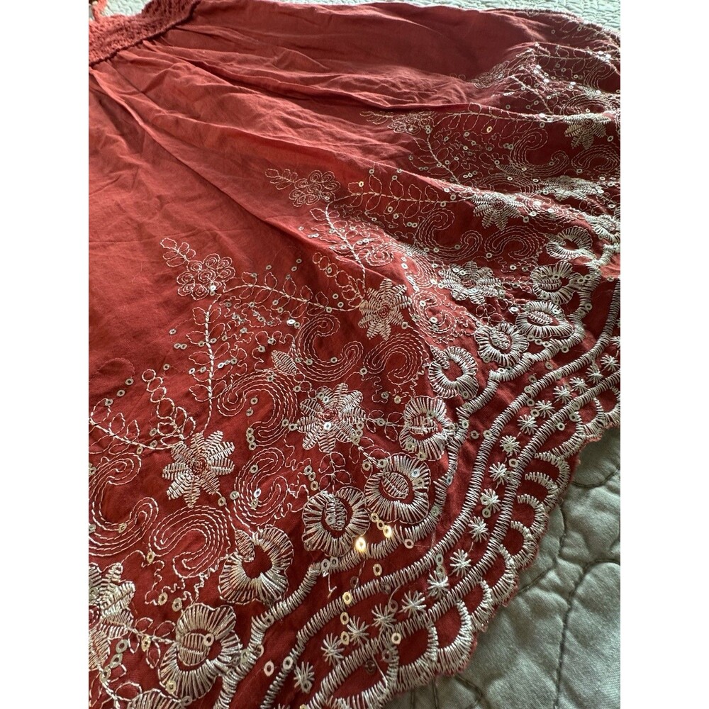 Boho Crochet Babydoll Dress Red Embroidered Sequin Hippie Festival Cotton Sz M - Picture 2 of 8